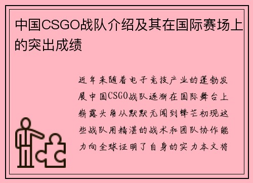 中国CSGO战队介绍及其在国际赛场上的突出成绩